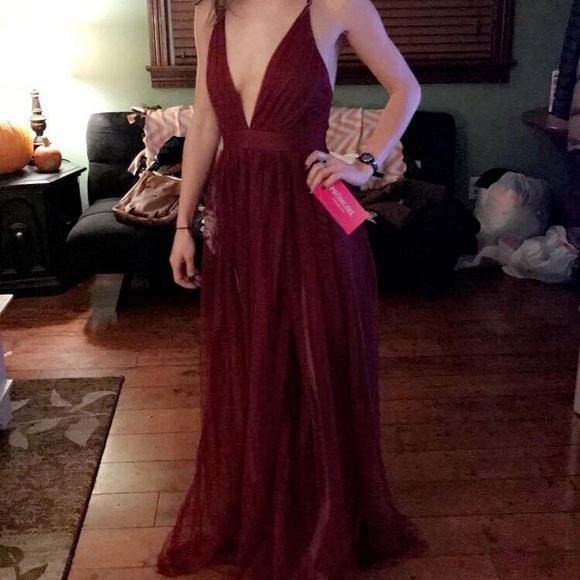 Floor-length Deep V Neck Burgundy Dress - Picture 1 of 8